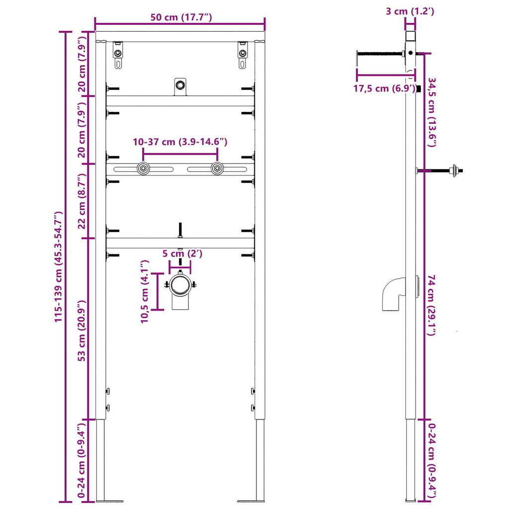 vidaXL Skrytý montážny rám pre pisoár 50x115-139 cm Oceľ
